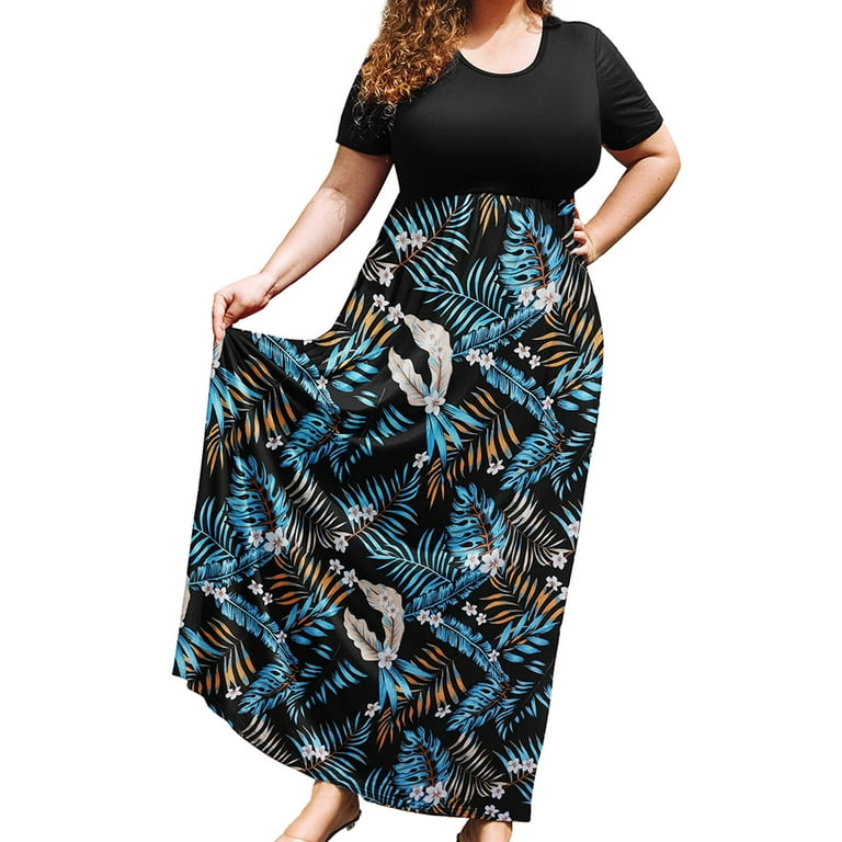 SHOWMALL Plus Size Summer Maxi Dress for Women Tropical Print 4X Crewneck Casual Beach Bohemian Long Sun with Pockets - Walmart.com