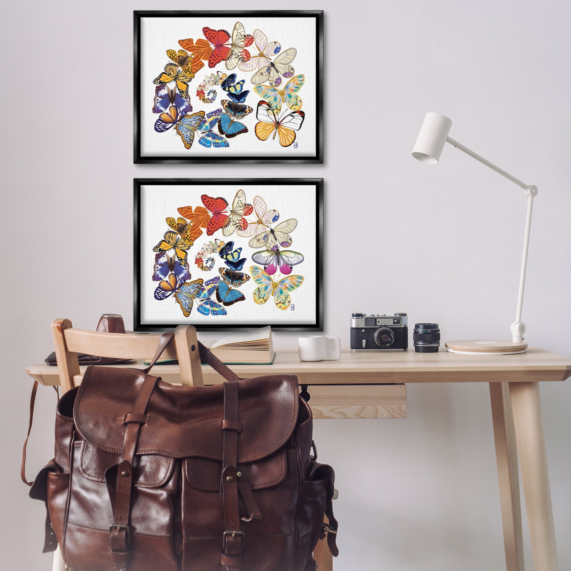 Stupell Industries Fly Away Butterfly Spirals Animals Painting Black Floater Framed Canvas Art Print Wall Art, 31 x 25, Set of 2