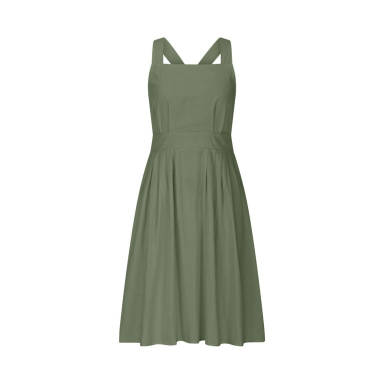 Ecqkame Women Summer Camisole Dresses Sexy Strap Sleeveless Solid Color Dress High Waist Belted A Line Pleated Dress with Pockets 01-Green M, Women's,