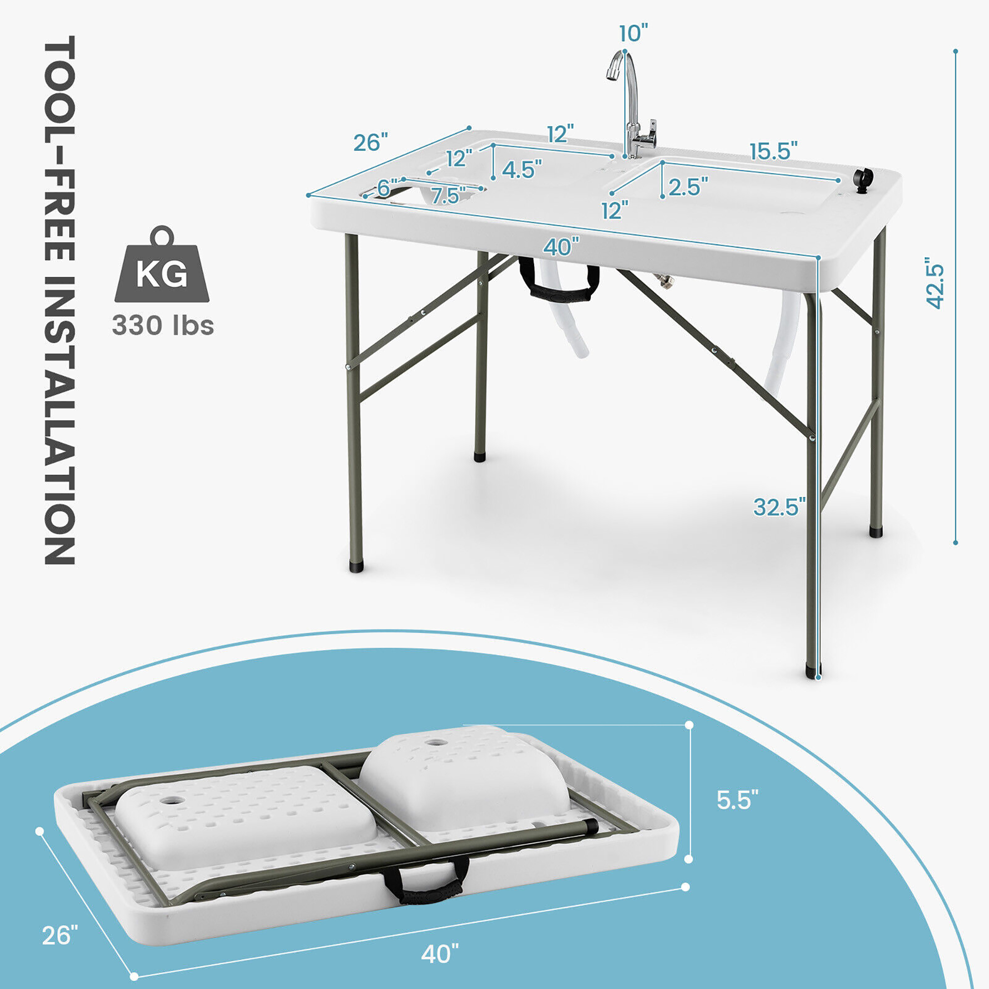 Gymax Folding Fish Cleaning Table w/ 2 Built-in Sinks & 360° Rotatable Faucet - image 2 of 9