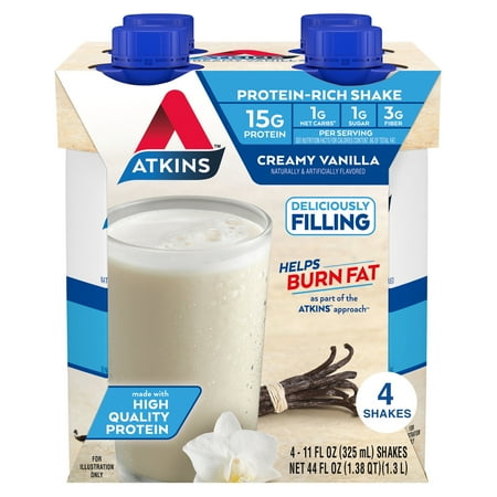 Atkins Protein Shake, Creamy Vanilla, Keto Friendly, Gluten Free, 4 Ct (Ready to Drink)