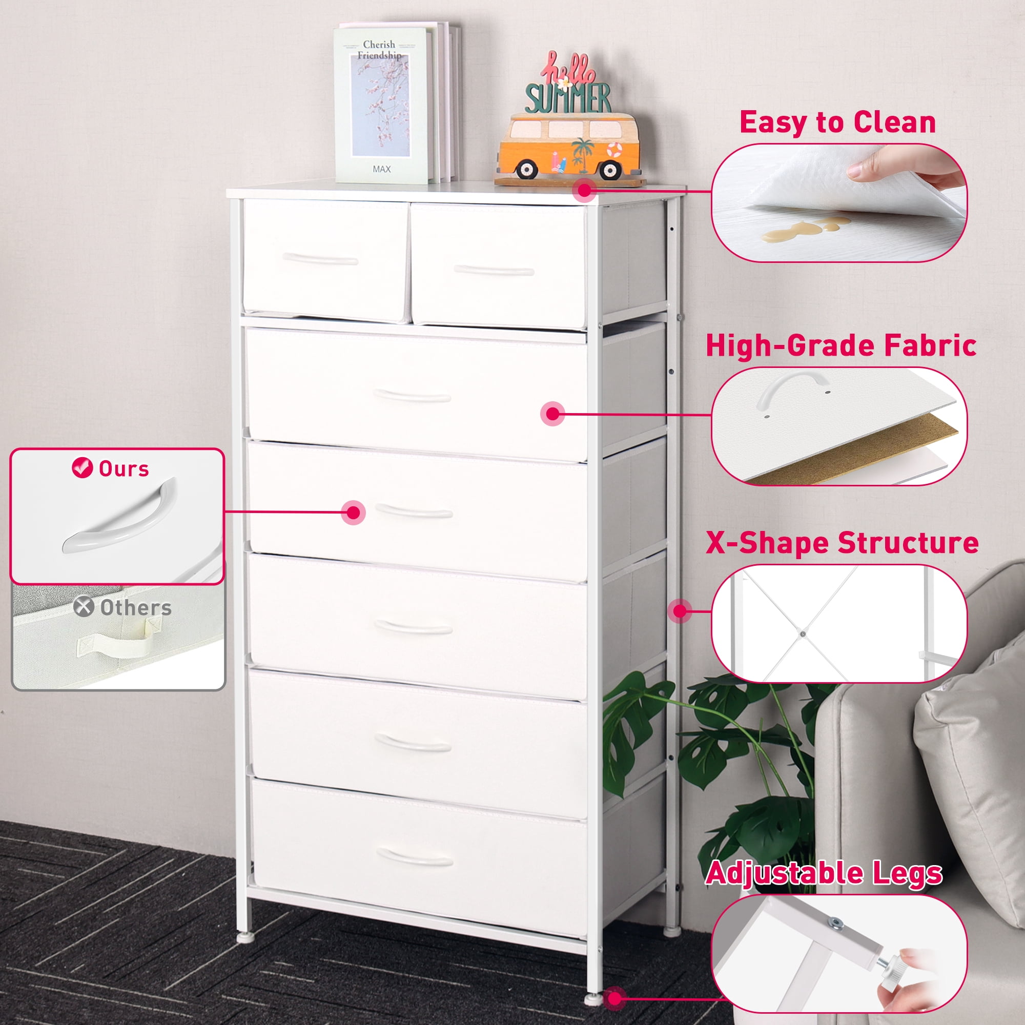 Tall Dresser with 7 Drawers for Bedroom, 5+2 Vertical Storage Organizer Tower, Chest of Drawers with Fabric Bins, Steel Frame, Handle, Wood Top for Home Living Room, Closet, Entryway - White