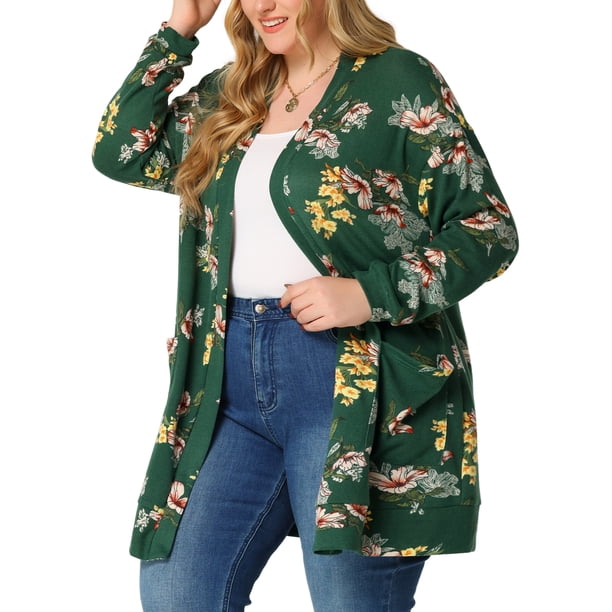 Cárdigan Floral de Punto Agnes Orinda Frente Abierto Ligero Verde Oscuro 1X