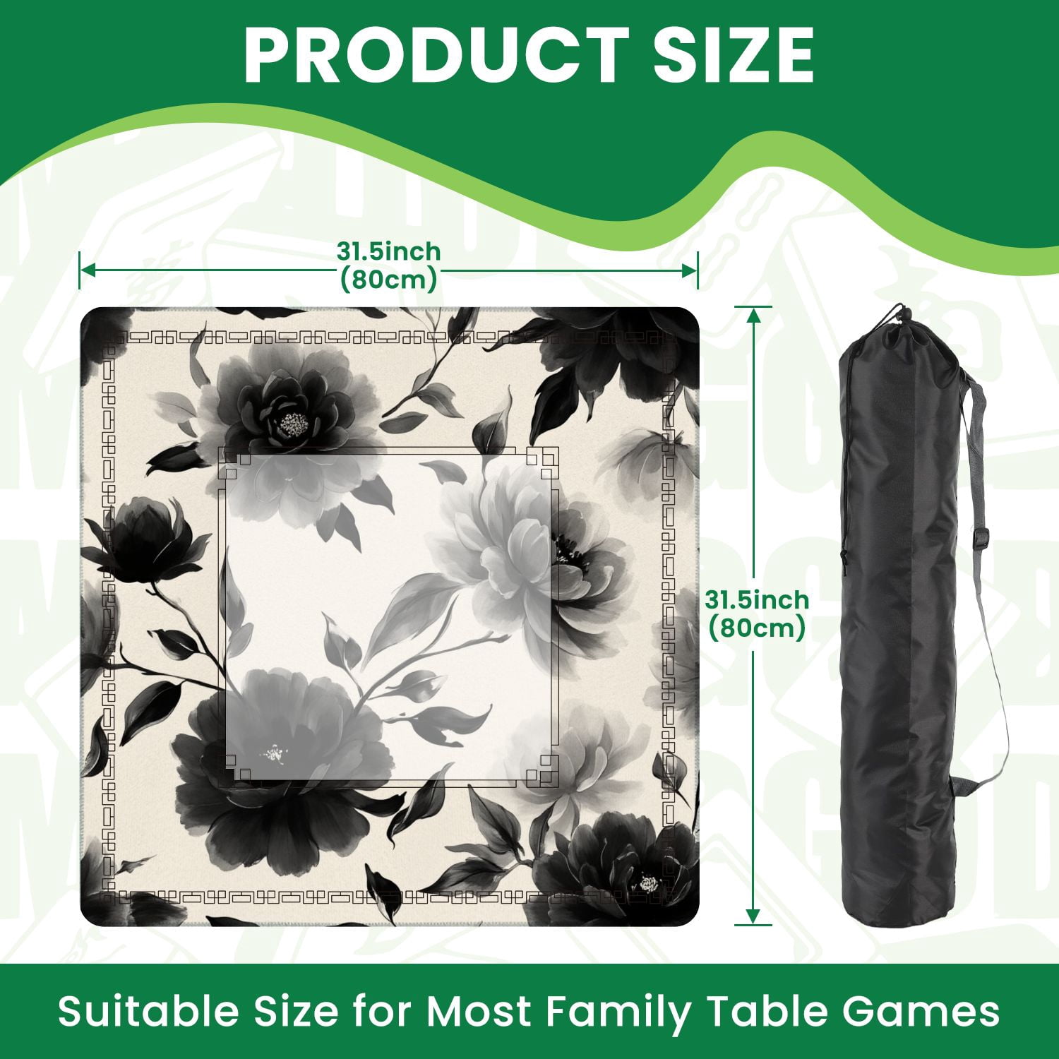 Mahjong Mat 31.5" x 31.5" Seamless black white flowers Hand draw abstract floral Non-Slip Noise Reduction American Mahjong Tiles Table Cover for Dominoes Poker Card Board Games Gift