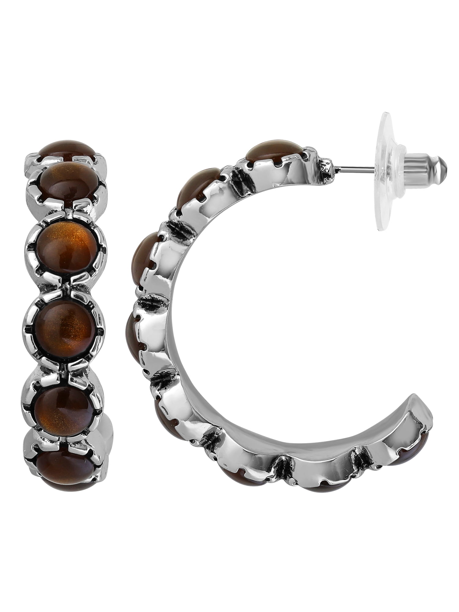 Jessica Simpson Women's Silver Tone Brown Stone Hoop Earrings