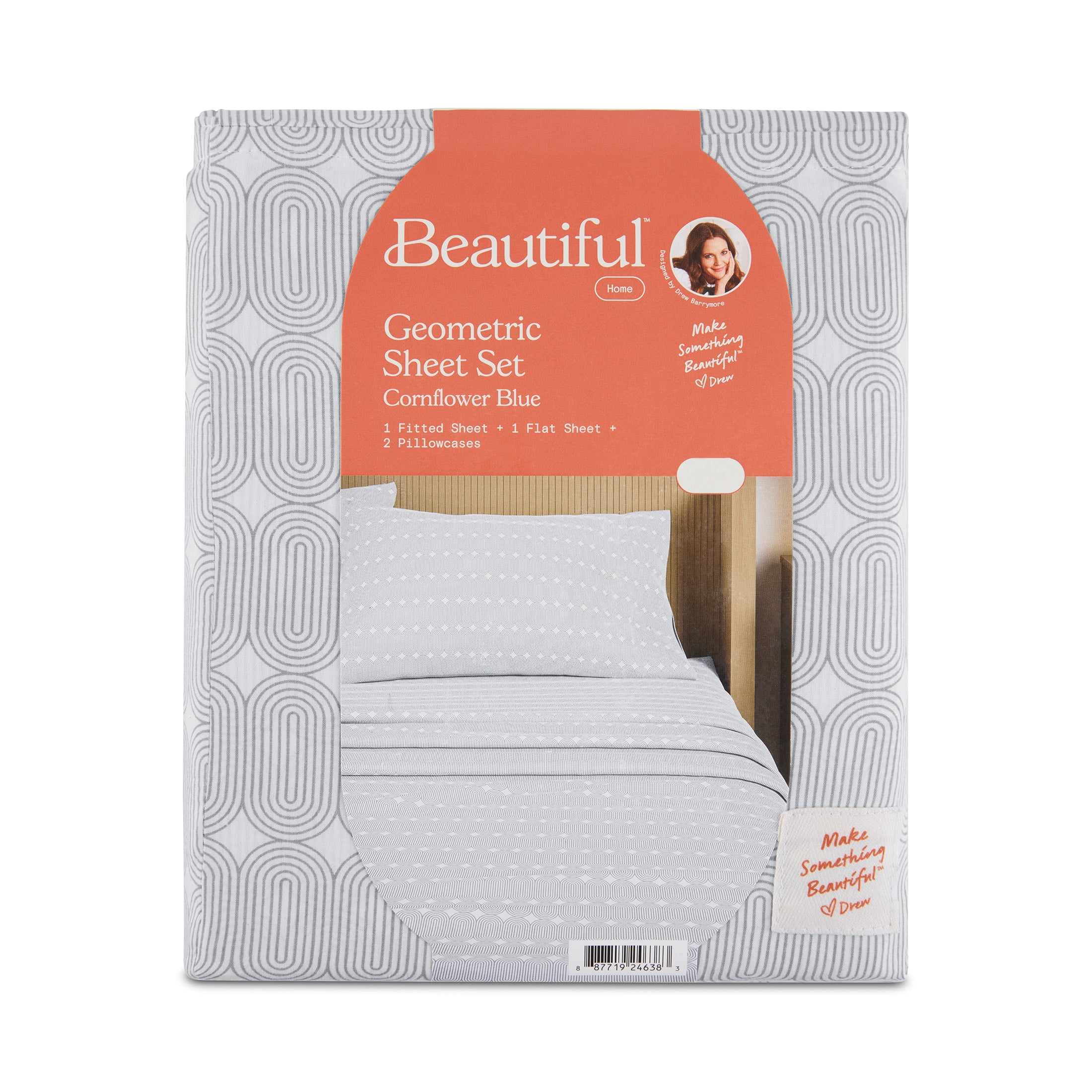 Beautiful Geometric 3-Piece 100% Cotton Percale Cornflower Blue Sheet Set, Twin by Drew Barrymore