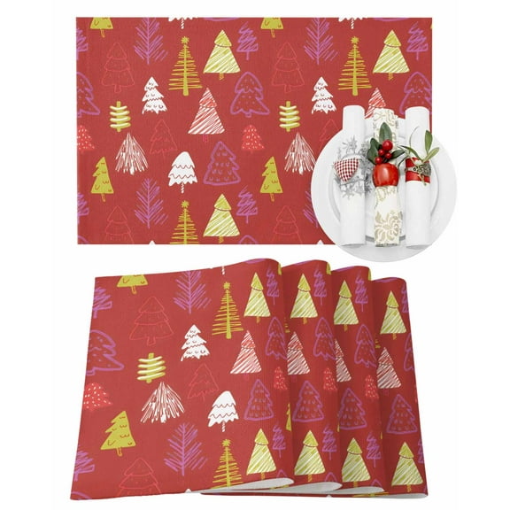 Christmas Tree Placemats Set of 8 Cute Red Simple Hand Painted Heat Insulation Washable Place Mats, Rustic Non-Slip Table Mats for Dining Table Party Kitchen Decor,13x19 Inch