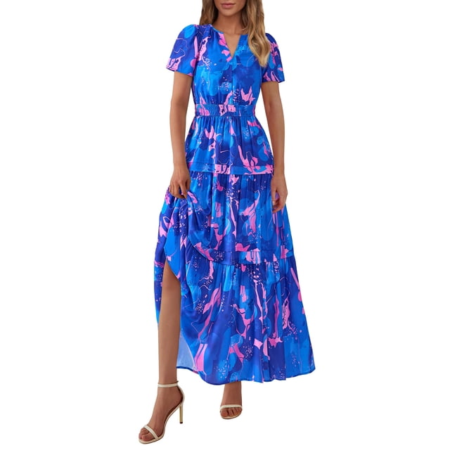 Vestido largo PRETTYGARDEN para mujer, bohemio, floral, azul, XXL