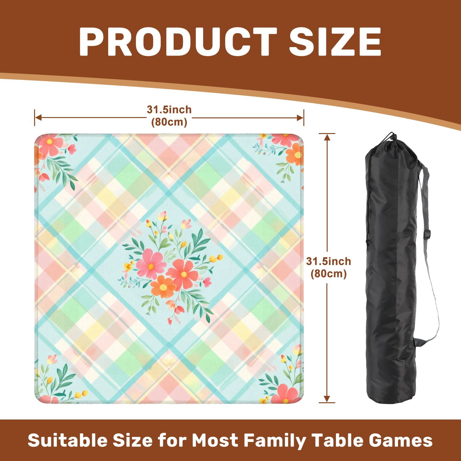 Mahjong Mat 31.5" x 31.5" Floral Pastel Plaid Soft Watercolor Style Non-Slip Noise Reduction American Mahjong Tiles Table Cover for Dominoes Poker Card Board Games Gift