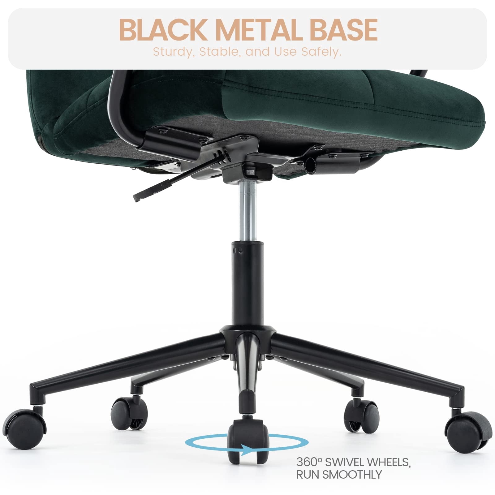 Velvet Desk Chair with Arms, Adjustable Height Home Office Chair, Mid-Back Upholstered Vanity Chair with 360° Swivel and Wheels for Living Room or Study, Dark Green