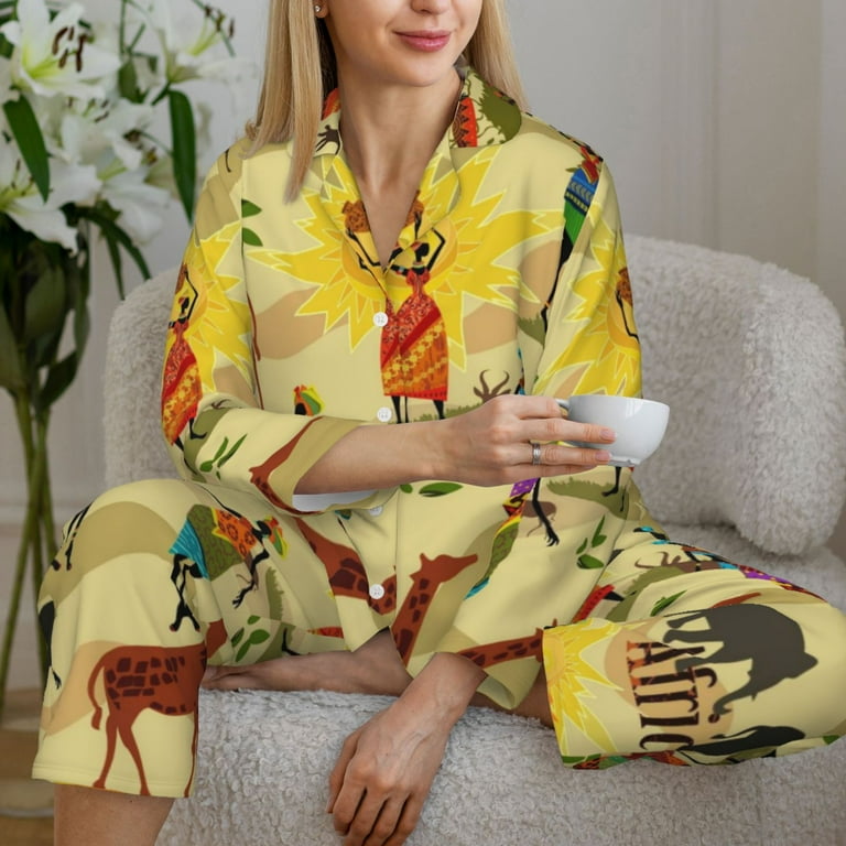 Goofa Ethnic African Printed Women s 2 Piece Pajama Set Super Pajamas Women s Long Sleeve Sleepwear Soft Button Down Loungewear Pjs Lounge Set Nightwear Medium Walmart