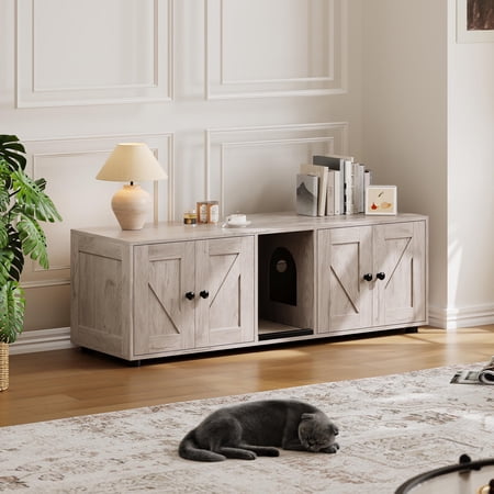 Huisuilinss Double Cat Litter Box Enclosure For 2 Cats Hidden Litter Box Furniture With Corridor Indoor Pet House Wooden TV Stand Side Table With Storage Layer Cat Washroom