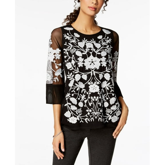 Charter Club Embroidered Illusion Top Deep Black M