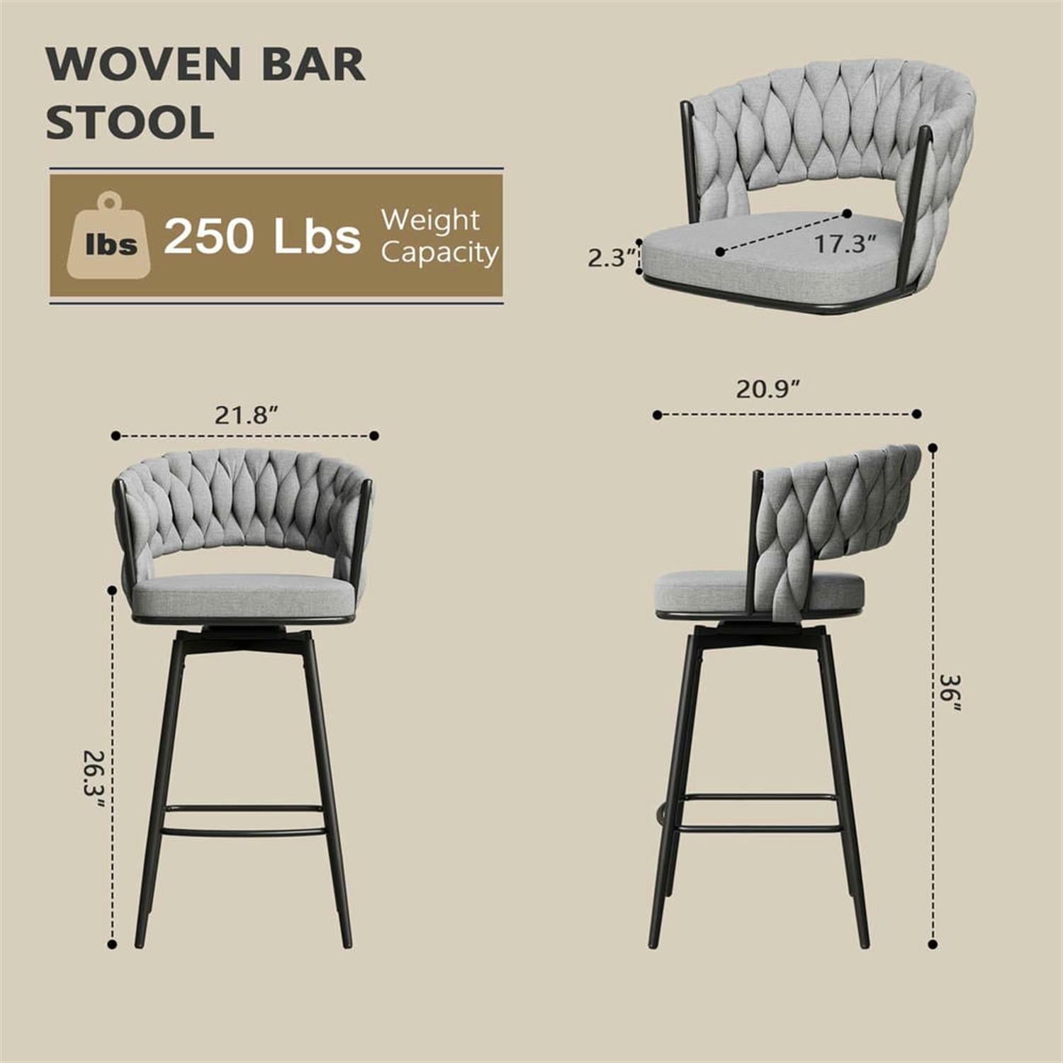 Demi Bonn 35" Counter Height Bar Stools Set of 2, Swivel Barstools with Soft Cushioned Back, Kitchen Island Countertop Chairs for Dining Room, Gray