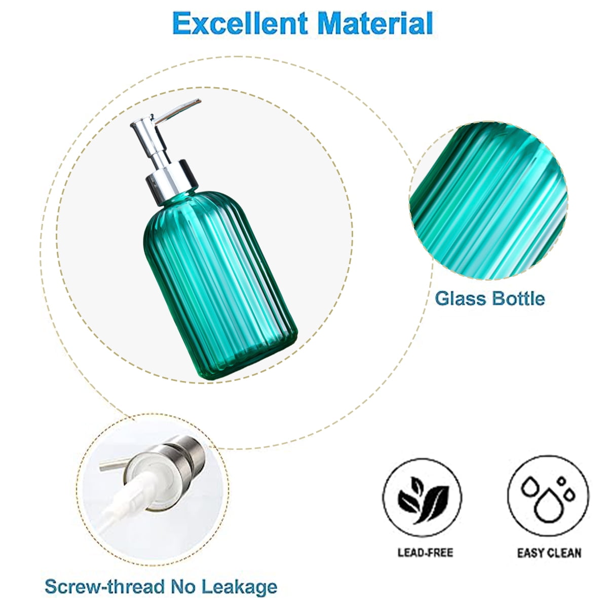 Clear glass soap dispenser with rust-proof stainless steel pump refillable bathroomgreen