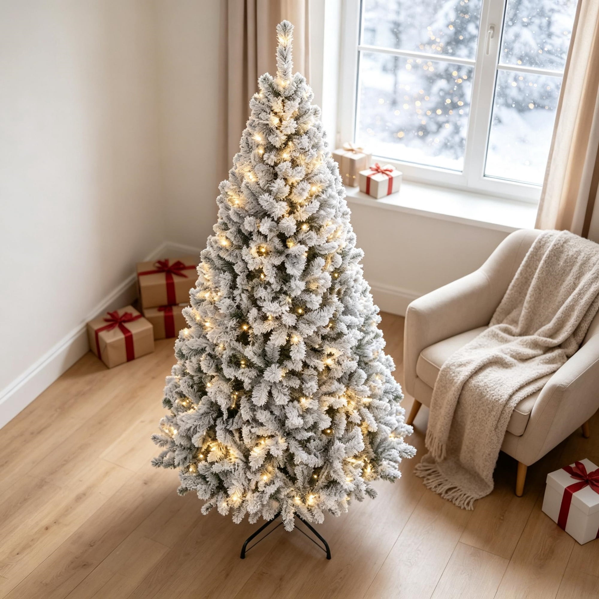 6 ft Pre-Lit Flocked Christmas Tree with Warm White Lights, Hinged Branches and Foldable Metal Stand