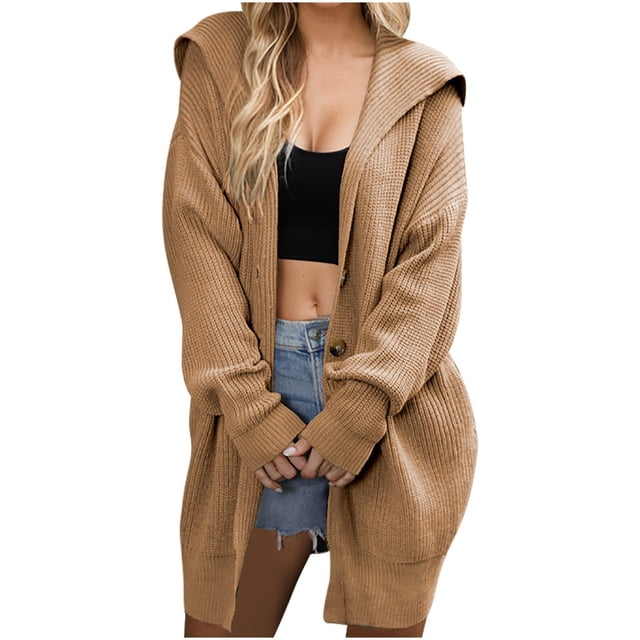 KIHOUT Womens Long Cardigans Long Sleeve Oversized Cable Knitted Open Front Chunky Hooded Outerwear Sweater Coat
