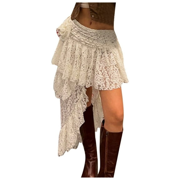 XIAONU Women's Lace Ruffled Skirt Asymmetrical Tiered Mini Skirt Breathable Bohemian Festival Skirts