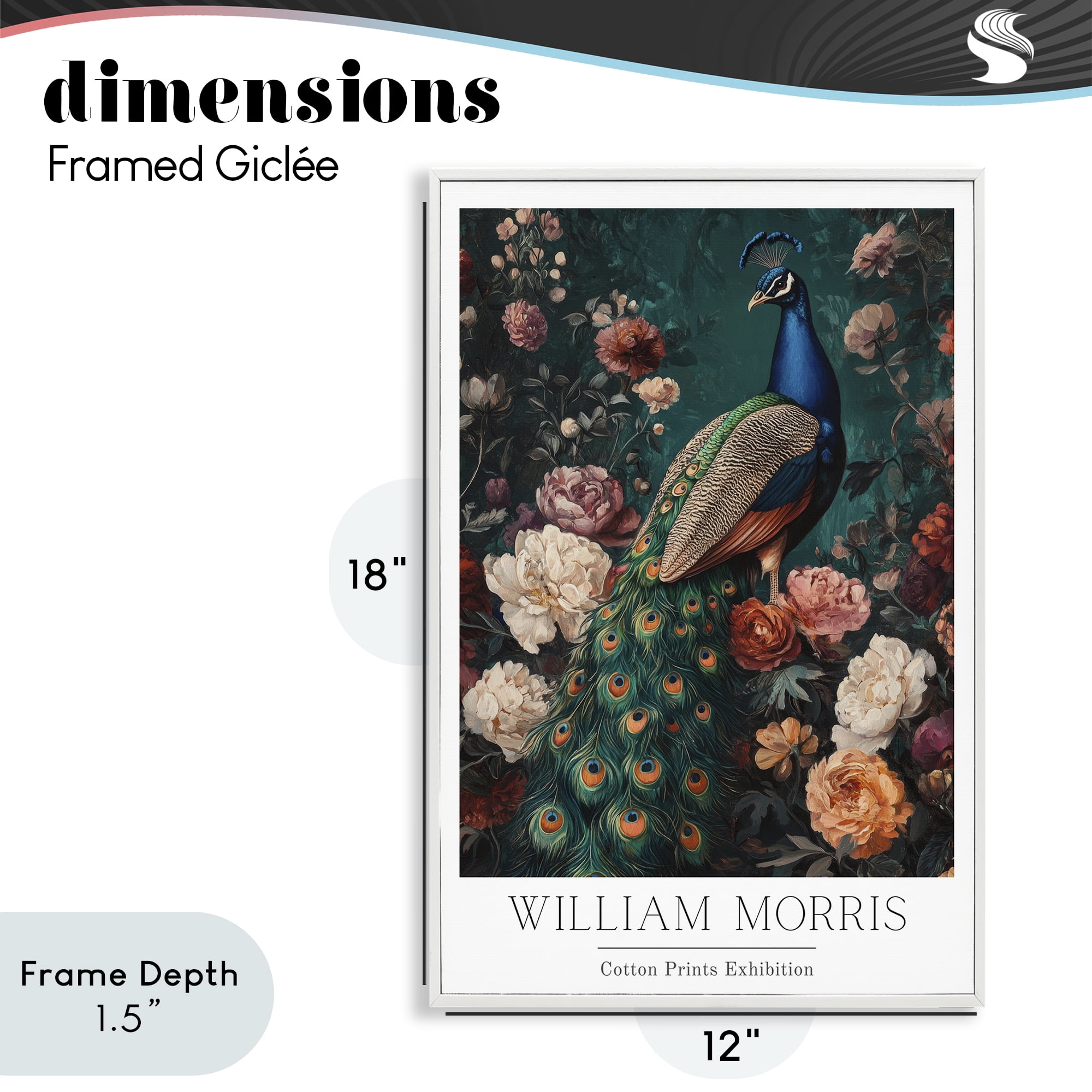 Stupell Industries Vintage Floral Peacock William Morris White Framed Giclee Art, design by Petal Prints Design