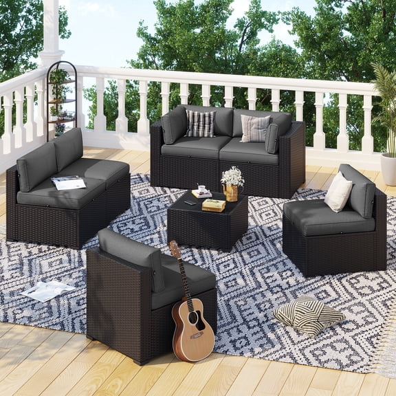BaPiPro 7-Piece Outdoor Patio Furniture Set, Black Wicker Rattan Sectional Sofa with Dark Gray Cushions & Coffee Table, All-Weather for Backyard, Porch, Deck, Balcony