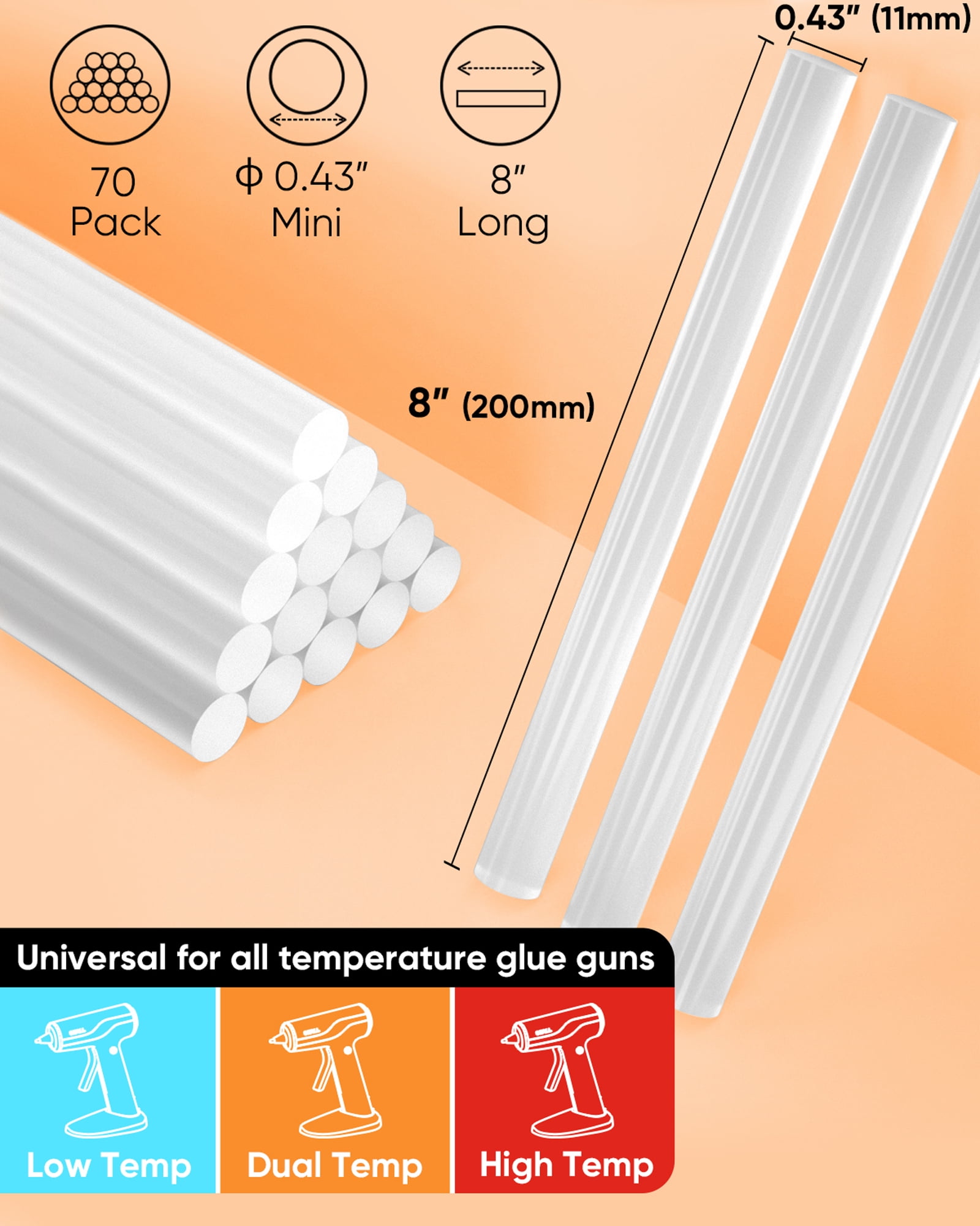 SHALL Full Size Hot Glue Sticks, 0.43” Dia x 8” Long, 70-Pack Hot Melt Glue Gun Sticks for All-Temp Glue Guns, Multipurpose for Kids Adults DIY Art Craft Sealing Repairing Festival Decoration