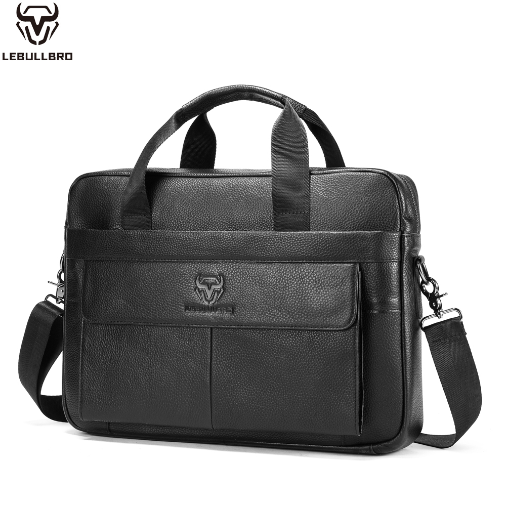 LEBULLBRO Mens Genuine Leather Briefcase Shoulder Messenger Bags Work Laptop Business Bag Black