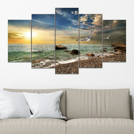 Dengjunhu 5 Piece Modern Contemporary Ocean Sea Beach Canvas Prints Artwork Gallery Wrapped Seascape Pictures Paintings on Canvas Wall Art for Living Room Bedroom Home Decorations