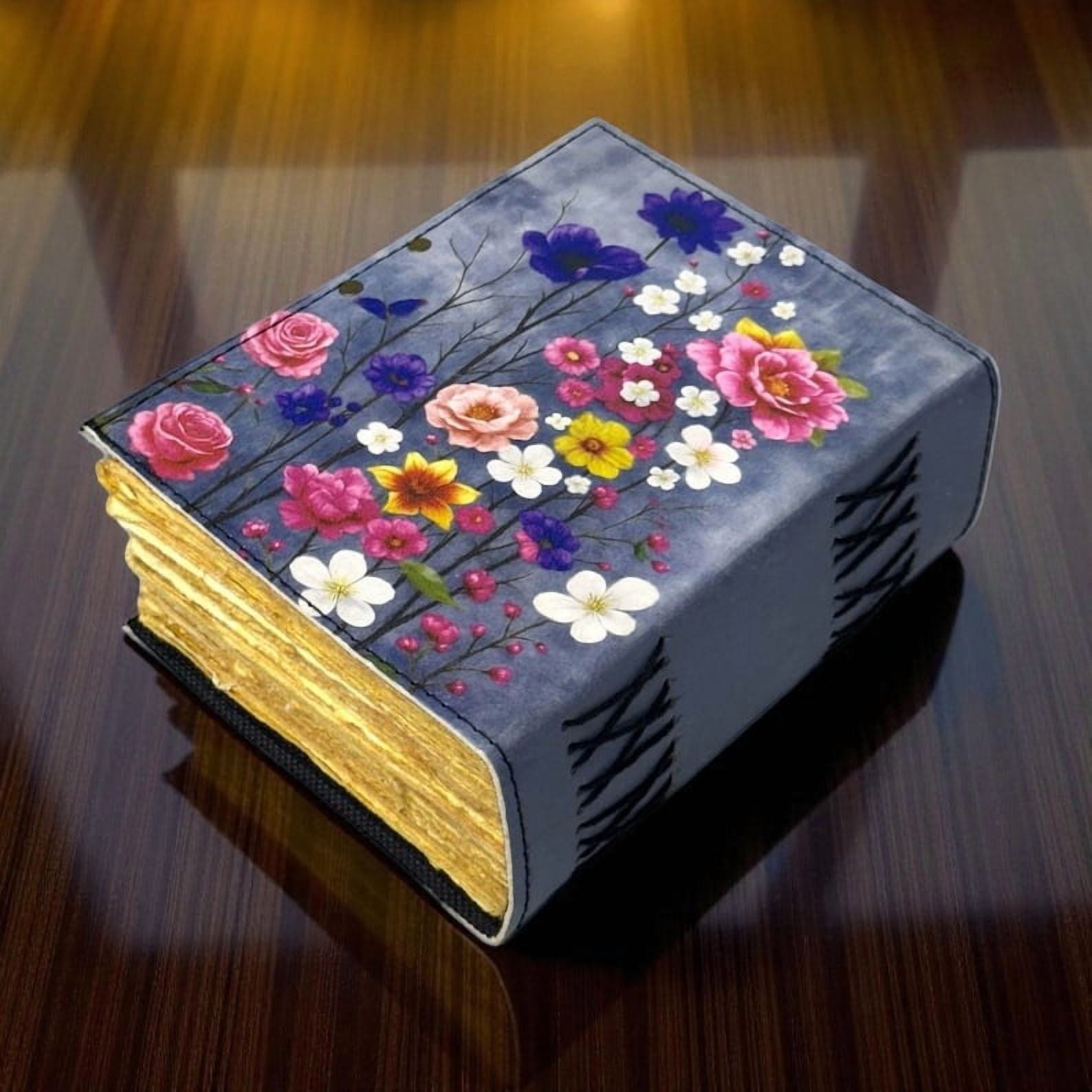 Handmade Leather Journal with Colorful Floral Artwork – 5x7 Inch Vintage Notebook, 200 Pages of Handmade Paper, Antique Latch – Writing, Sketching & Gift Diary