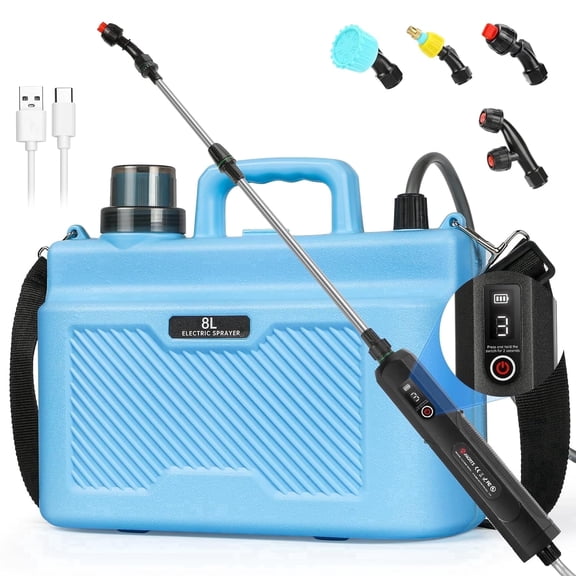 2 Gallon Sprayer Battery Powered,Rechargeable Electric Garden Sprayer with Battery Indicator,3 Speeds,4 Nozzles,Retractable Wand, Adjustable Padded Shoulder Strap for Lawn Yard and Garden