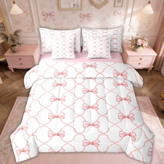 Kawaii Bow Twin Comforter Set 7 Piece Cute Bowknot Bed In A Bag Teen Room Decor,Pink Girly Bow Bedding Set Fantasy Princess Bow Tie Sheet Set With Comforter