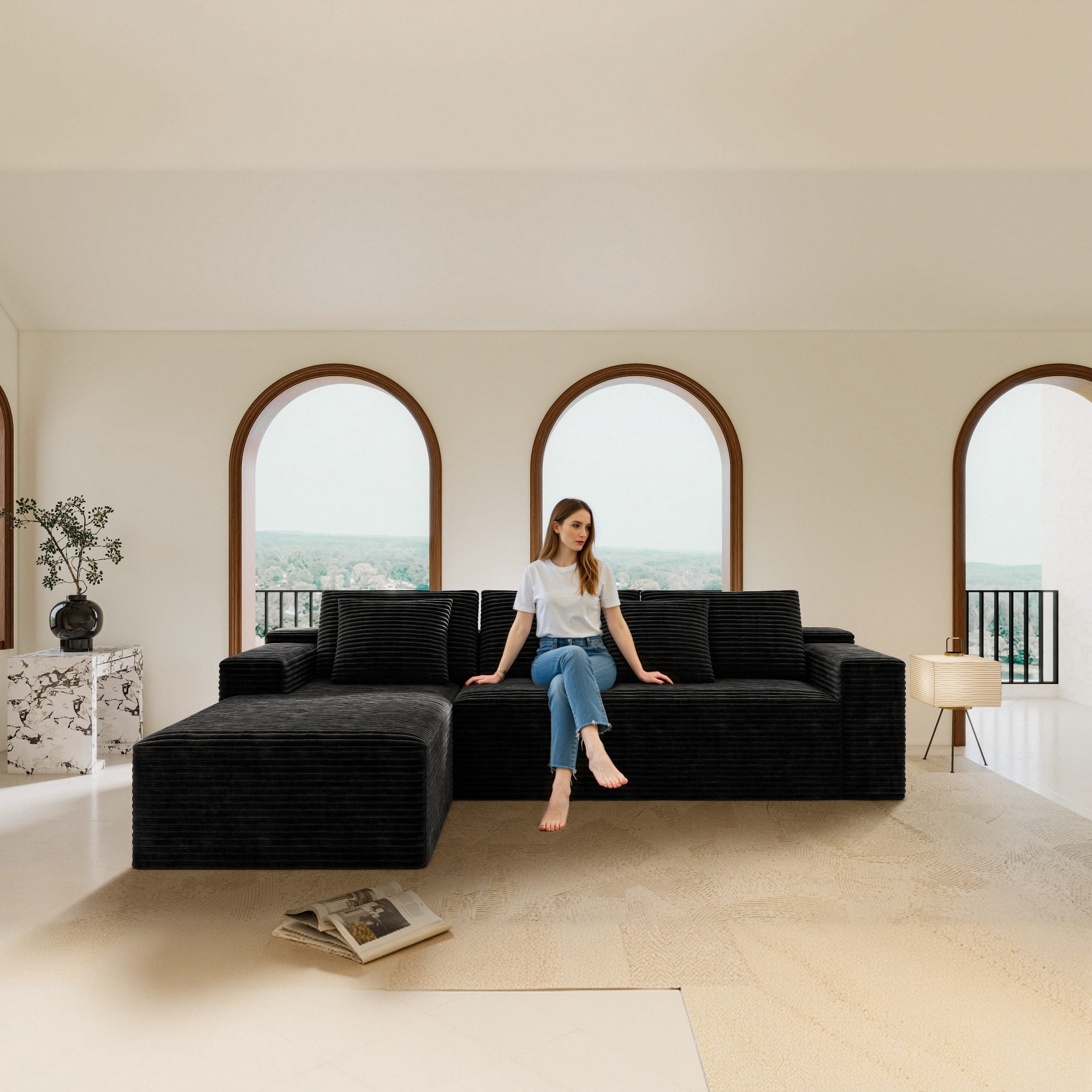 104" Modular Sectional Sofa,Oversized L-Shape Cloud Couch,Modern Corduroy Sleeper Couches Boneless Couches for Living Room,Bedroom,Apartmen,No Assembly Required,Black-Left Chaise