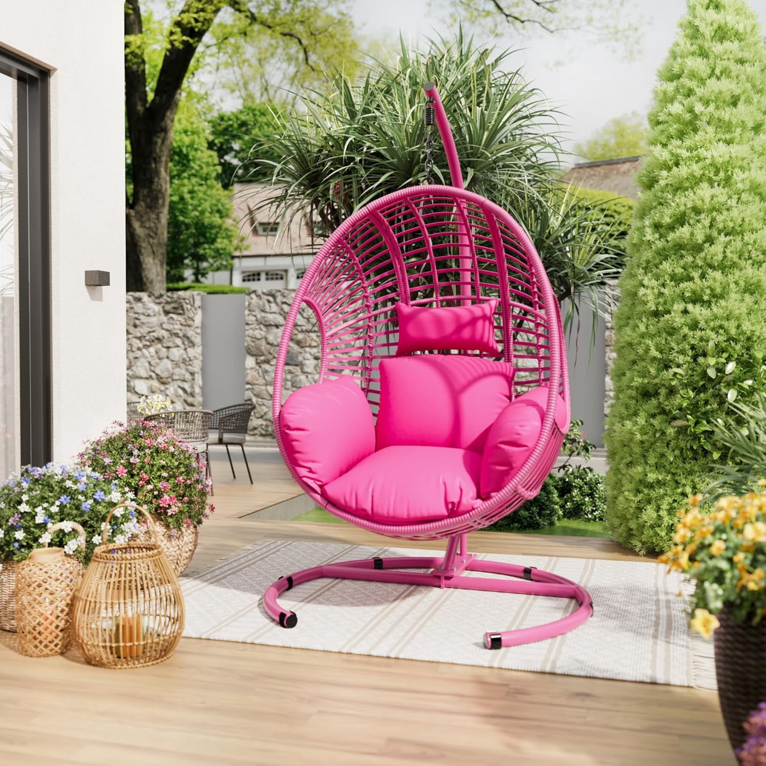 Oversized Hanging Egg Chair Outdoor Indoor, Wicker Swing Egg Chair with Stand  Rain Cover UV Resistant Cushion 400lbs Capacity for Bedroom, Patio, Garden and Balcony (Pink-Regular)