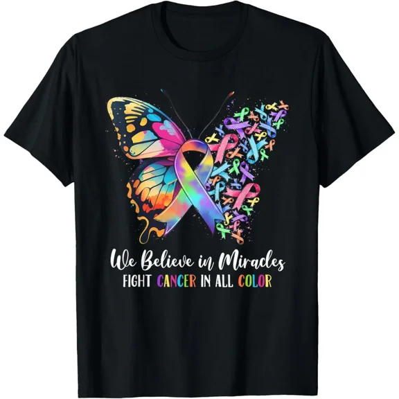 Fight Cancer Awareness T-Shirt, Vibrant Butterfly Ribbon Print Inspirational Hope Casual Short Sleeve Tee