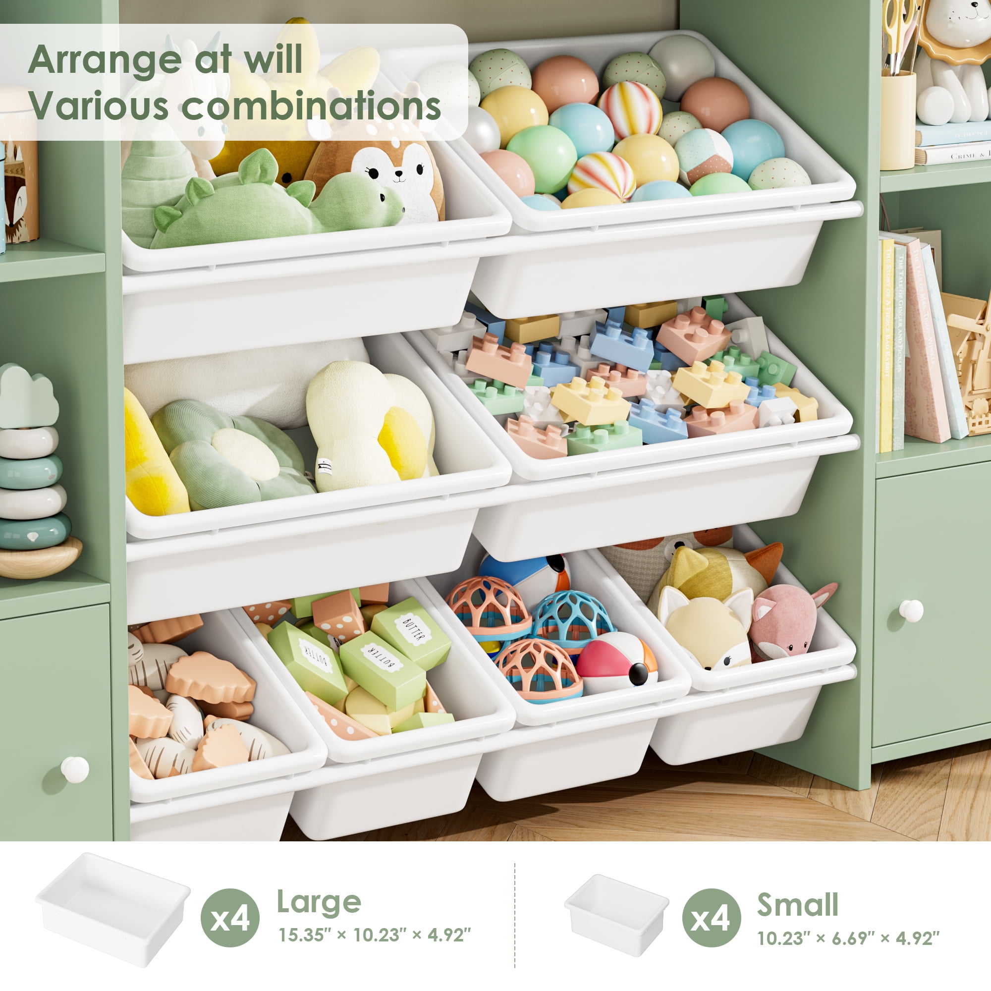 Homfa Kids Toy Organization Cube Bookcase with 8 Bin, 2 Door Toy Storage Organizer Bookshelf for Children Room Playroom, Green