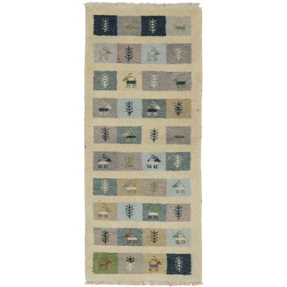 Cream Pictorial Tribal 2X5 Indo-Gabbeh Oriental Rug