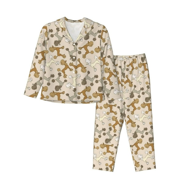 Balery Cartoon Poodle Dog Conjunto de Pijama con Estampado para Mujer, Conjunto de Dos Piezas con Manga Larga, Ropa de Dormir Suave con Bolsillos, Pijamas Cómodos-Medium