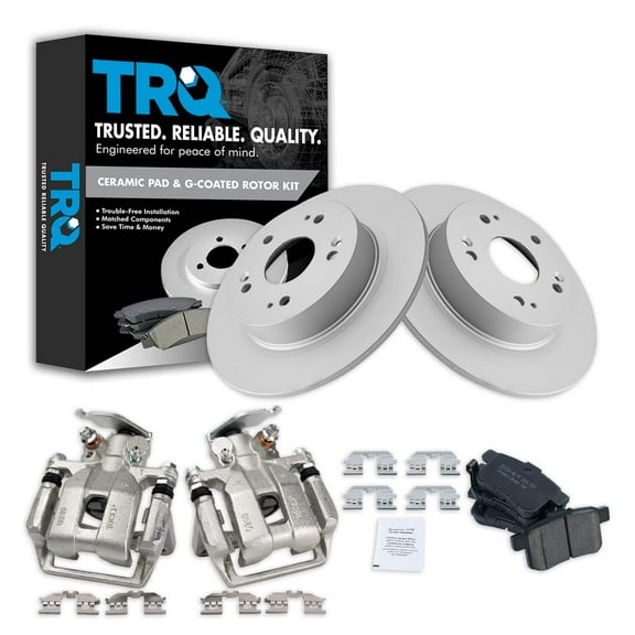 TRQ Rear Brake Pad & Rotor Kit Brake Caliper Brake Pads Brake Rotor Ceramic Solid Premium G-Coated Fits Select 2013-2017 Honda Accord