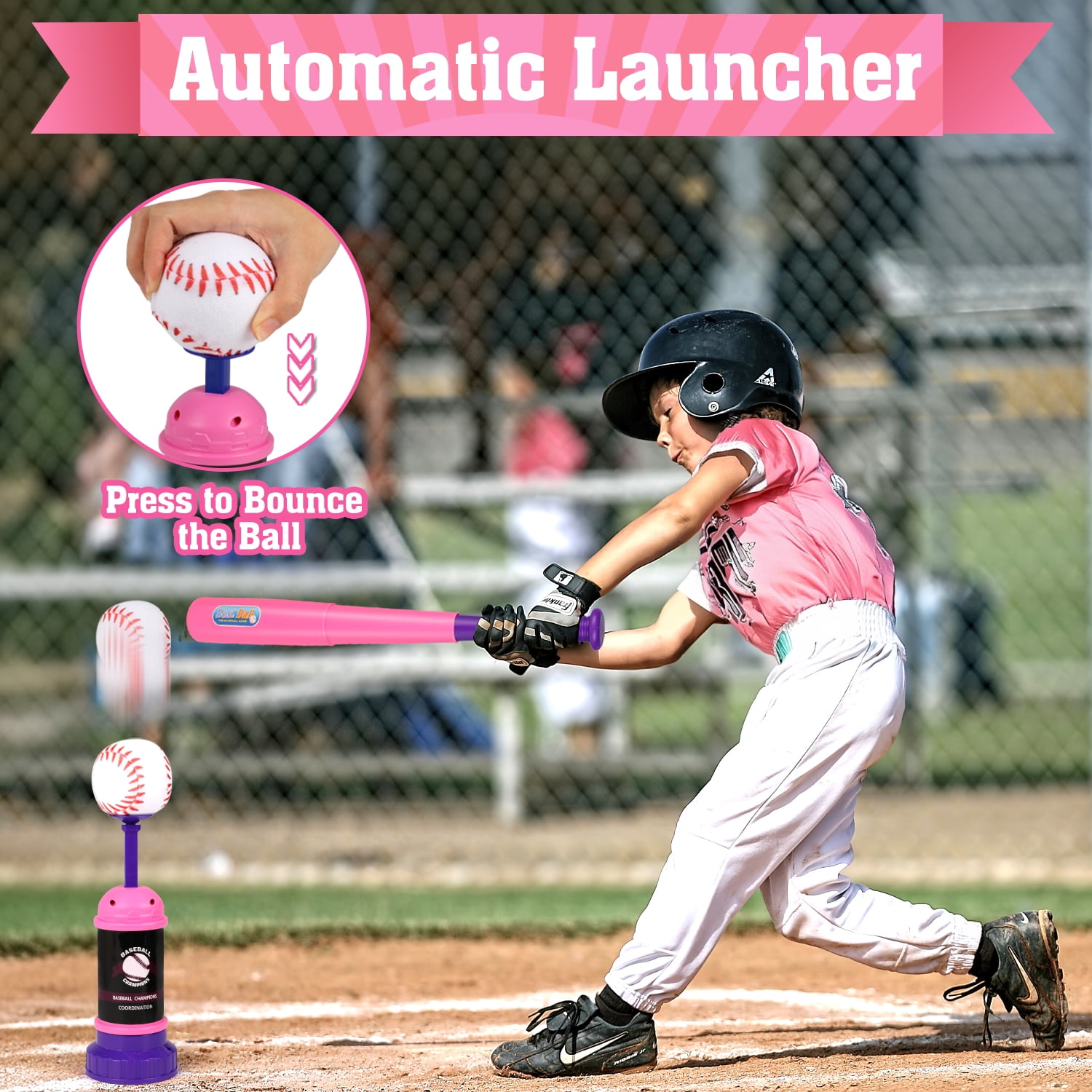 Beefunni 3-in-1 Baseball Set for Toddlers Kids 3-8 - Tee Ball Stand, Hanging Tee, Ball Launcher and 6 Baseballs -  Indoor/Outdoor Sport Gifts for Boys (Pink&Purple)