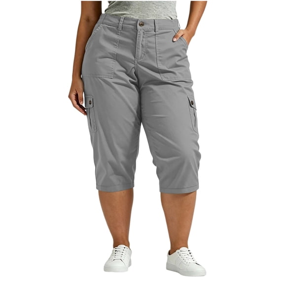 Vynhevius Plus Size Cargo Capri Pants for Women, Casual High Rise Button Waist Cropped Pants with Multi Pockets, Summer Outdoor Walking Capris