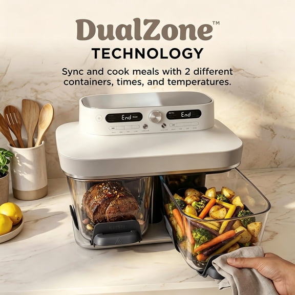 Dual-zone glass countertop air fryer, six-in-one functions, air frying, baking, dehydrating, ultimate crispiness, roasting, extra crisping, 2 x 4-quart glass containers