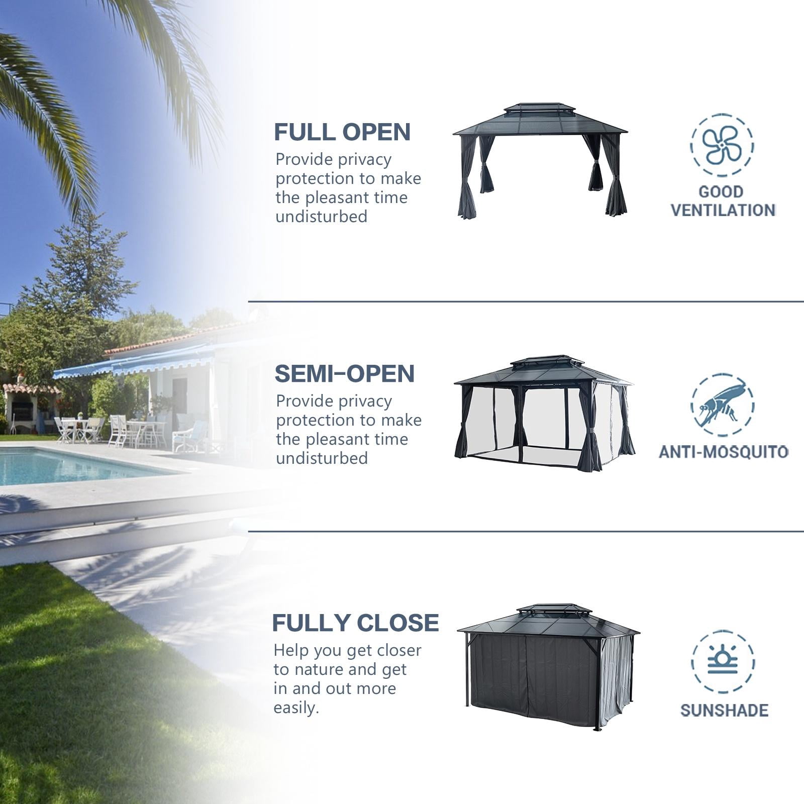 10'x13' Hardtop Gazebo, Outdoor Patio Gazebo with Polycarbonate Double Roof, Permanent Gazebo Pavilion with Curtain and Netting for Patio, Deck, Backyard, Black