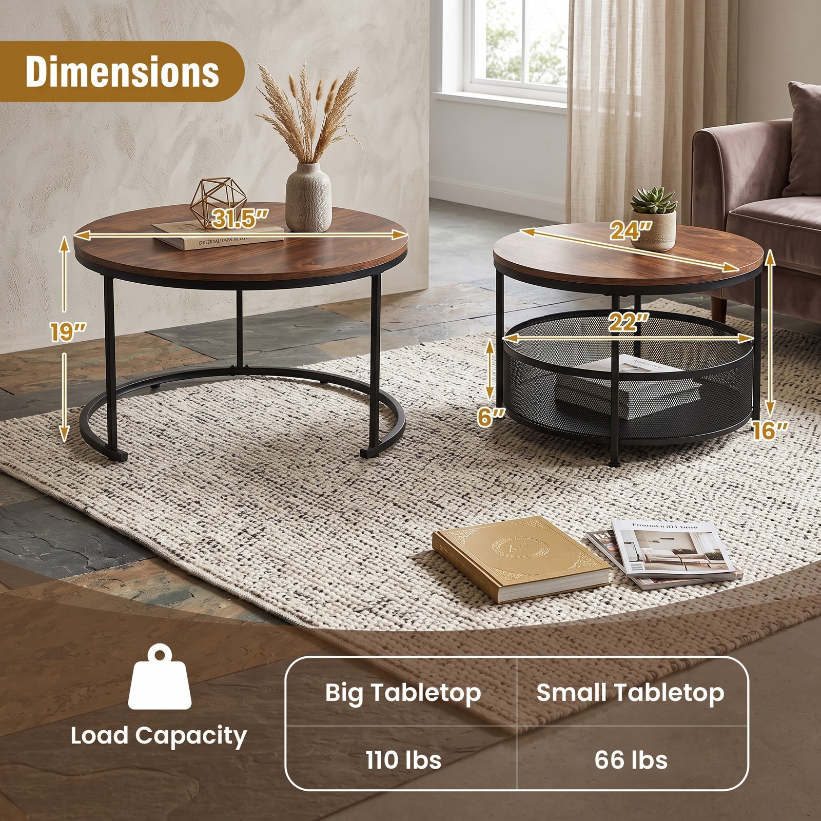 Furnibear Round Coffee Table Set of 2, Nesting Circle Cocktail Tables with Storage Basket, Metal Frame X-Base Living Room End Side Tables for, Rustic Gray & Black
