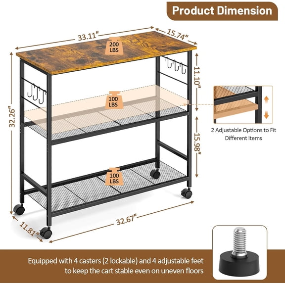 3 Tier Rolling Kitchen Microwave Cart with Adjustable Shelf and Lockable Wheels, 33 Inch Utility Storage Island for Coffee Bar Office Living Room