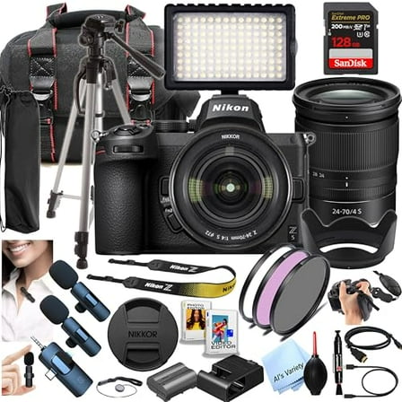 Nikon Z5 Mirrorless Digital Camera 24.3MP, Z 24-70mm f/4 S Lens   128GB Extreme Memory, Wireless Microphones, LED Light, Filters, Case, Tripod, and More (Content Creator Bundle)