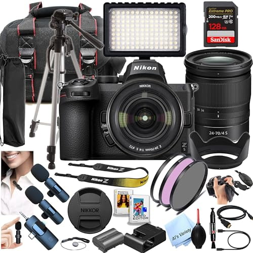 Nikon Z5 Mirrorless Digital Camera 24.3MP, Z 24-70mm f/4 S Lens   128GB Extreme Memory, Wireless Microphones, LED Light, Filters, Case, Tripod, and More (Content Creator Bundle)