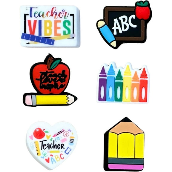 Teacher Vibes Pencil Ruler Silicone Focal Bead Set  12 Pc Mixed Pack Chalk Board Educator Apple Crayon Bulk Wholesale Teacher Appreciation Gift Back To School Keychain Making Kit Pen Gift