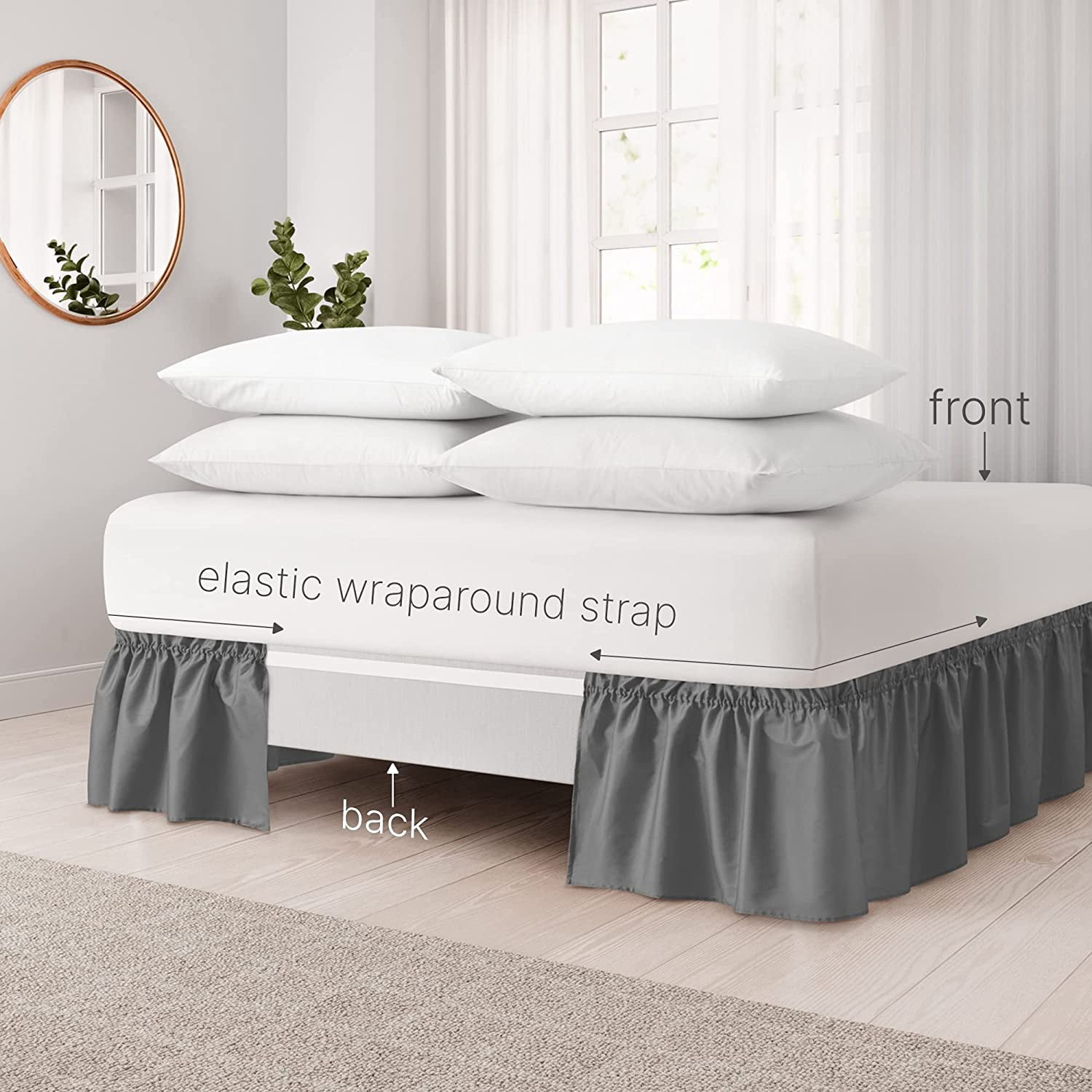 CGK Linens Wrap Around Dust Ruffle Bed Skirt - For Queen Size Bed With 12 Inch Drop, Easy Fit Elastic Strap - Pleated Bedskirt, Gray