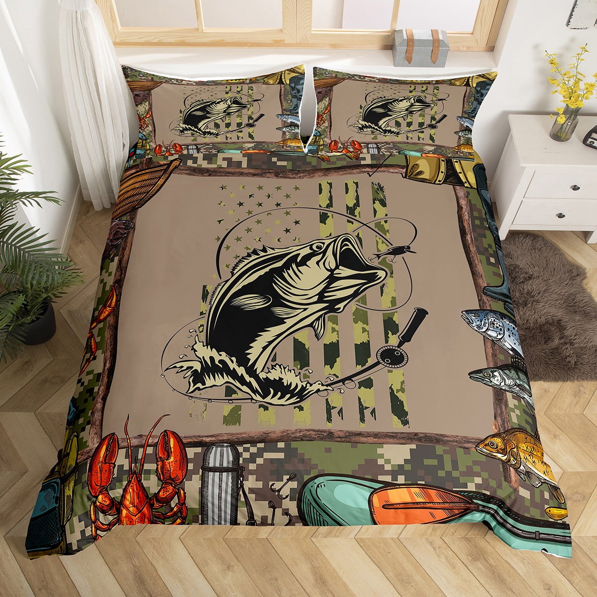 Castle Fairy Hunt Fish Bedding Set Twin Size,Farmhouse Wooden Board Duvet  Cover for Kids Boys Bed Comforter Cover Set,Deer Bird Fish Animal Hunting