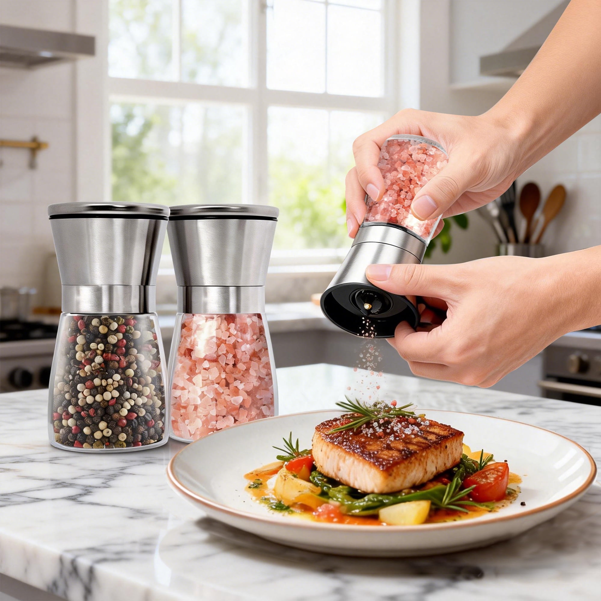 2 Pack Salt and Pepper Grinder Set, Adjustable Coarseness Stainless Steel Spice Mills, Manual Spice Grinders for Sea Salt Black Pepper Spices