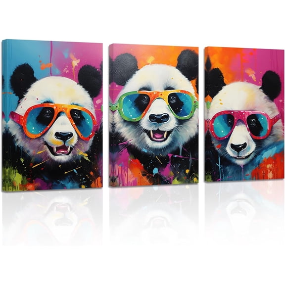 ZHONGYUTONG Panda Canvas Wall Art 3 Pieces Panda Wearing Glasses Poster Prints Abstract Colorful Animal Paintings Home Decor Framed (11.00" x 14.00" x 3PCS)
